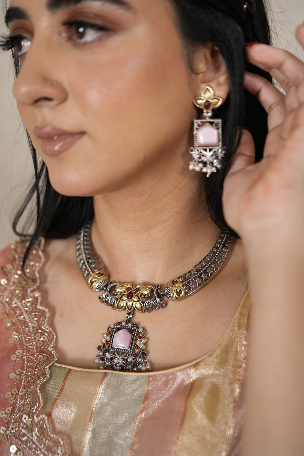 Garvi Gulnaar Oxidised Necklace Set - Pink