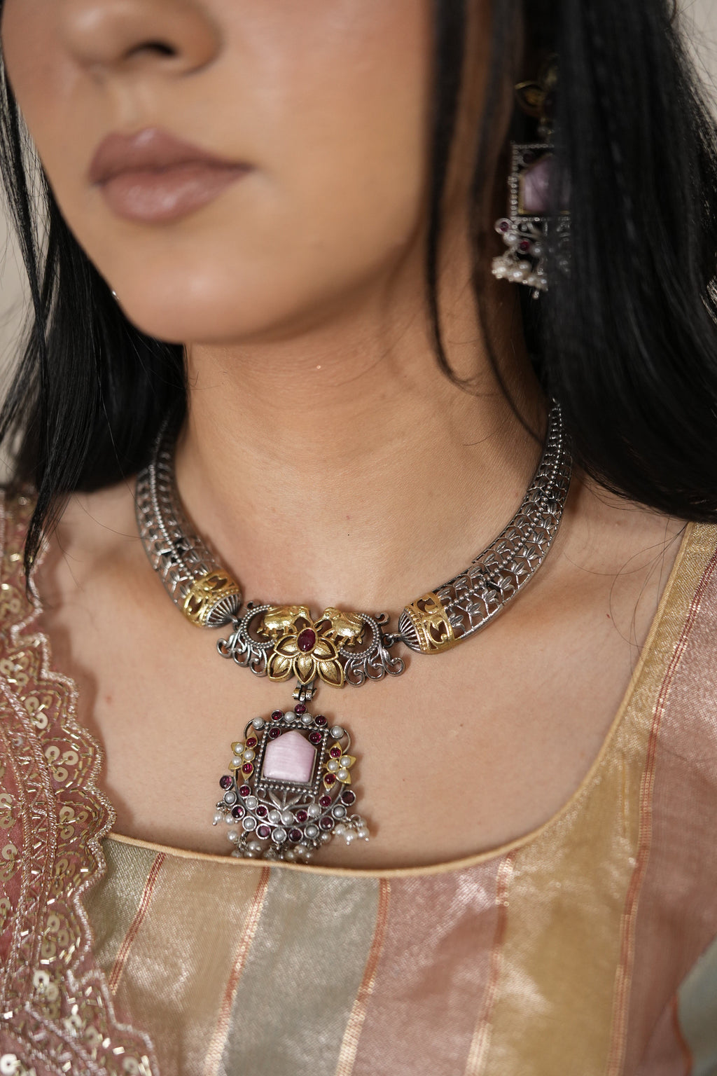 Garvi Gulnaar Oxidised Necklace Set - Pink