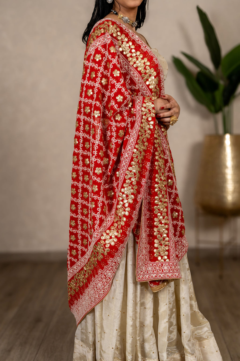 Noorjahan Gotta Patti Chikankari Jaal Dupatta – Coral Red