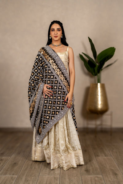 Noorjahan Gotta Patti Chikankari Jaal Dupatta – Black