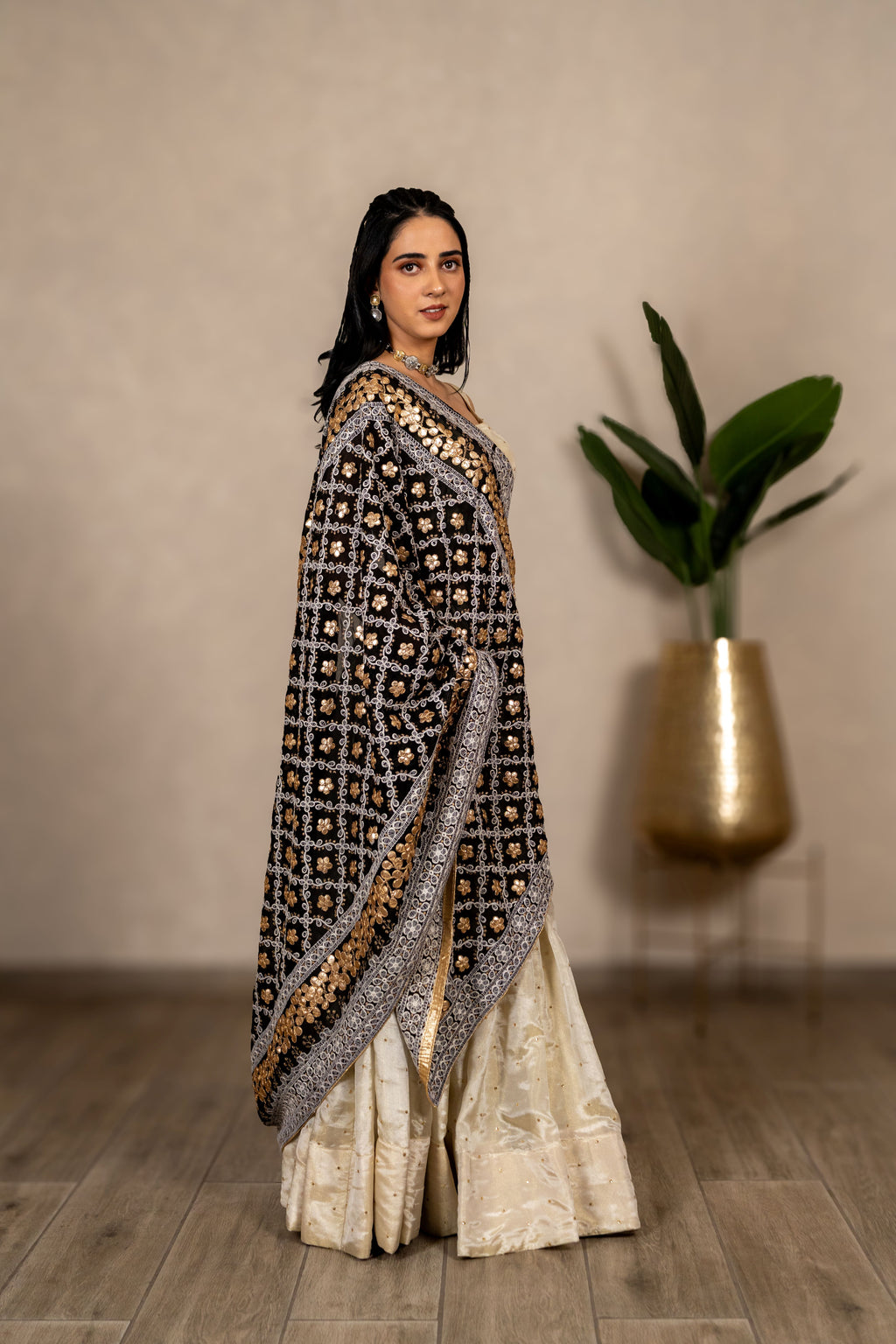 Noorjahan Gotta Patti Chikankari Jaal Dupatta – Black