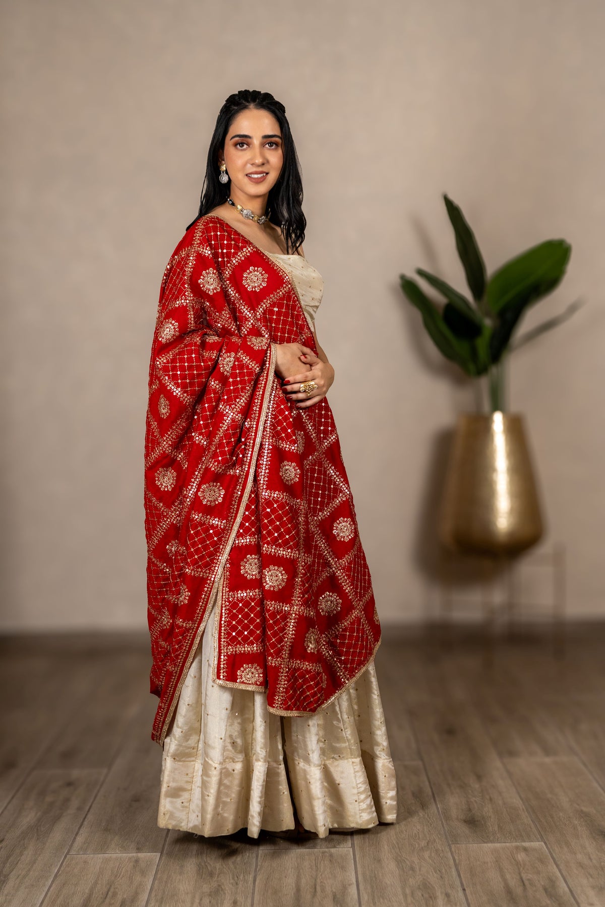 Charulata Art Silk Dupatta – Red