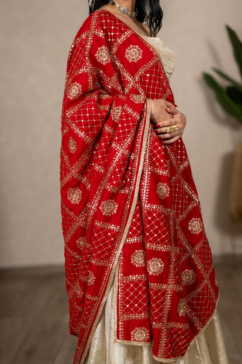 Charulata Art Silk Dupatta – Red