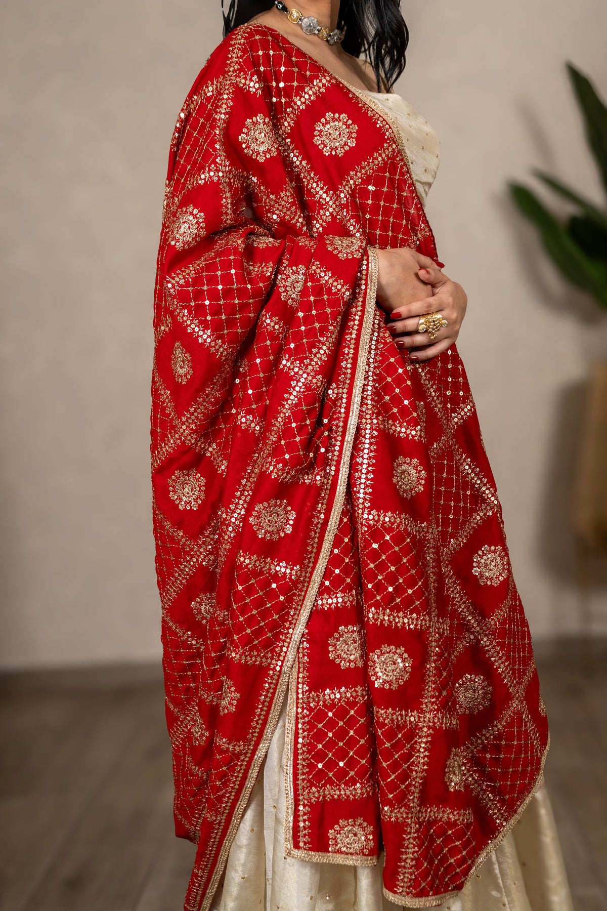 Charulata Art Silk Dupatta – Red