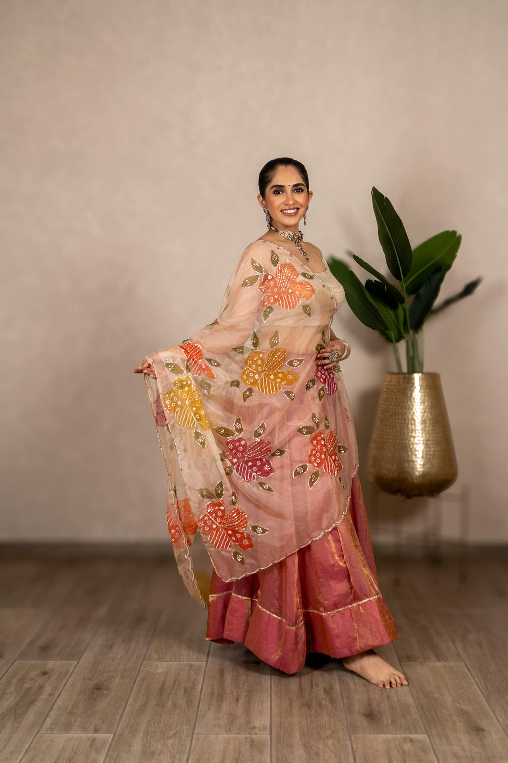 Kanchan Metallic Tissue Chaniya Set - Peach-Pink