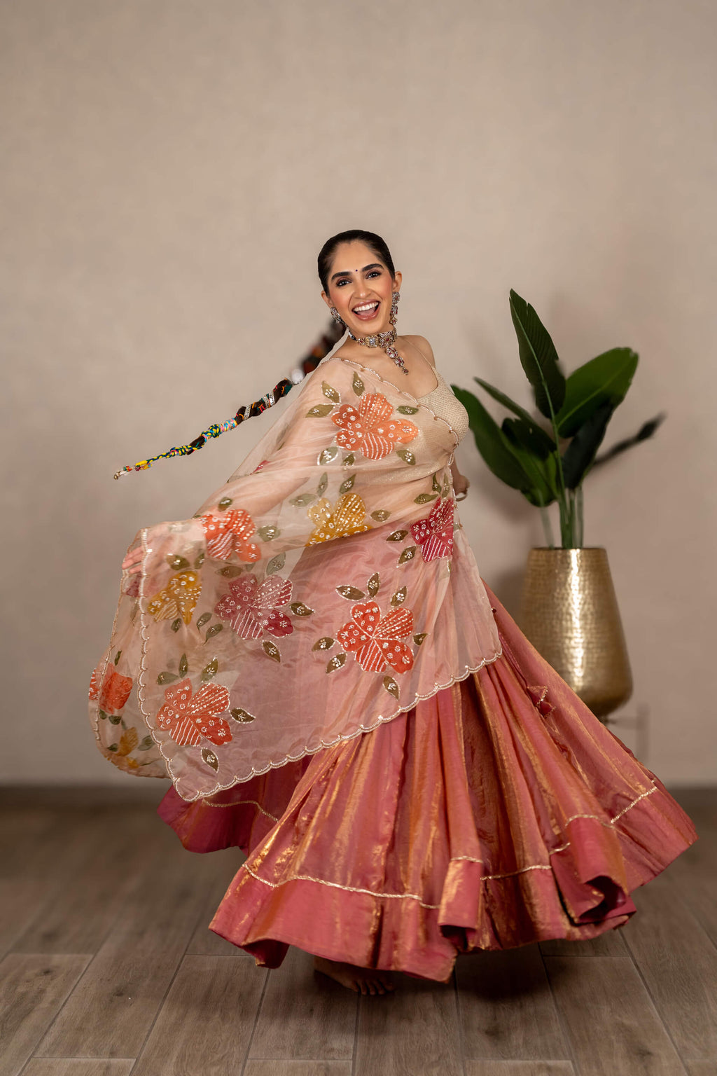 Kanchan Metallic Tissue Chaniya Set - Peach-Pink