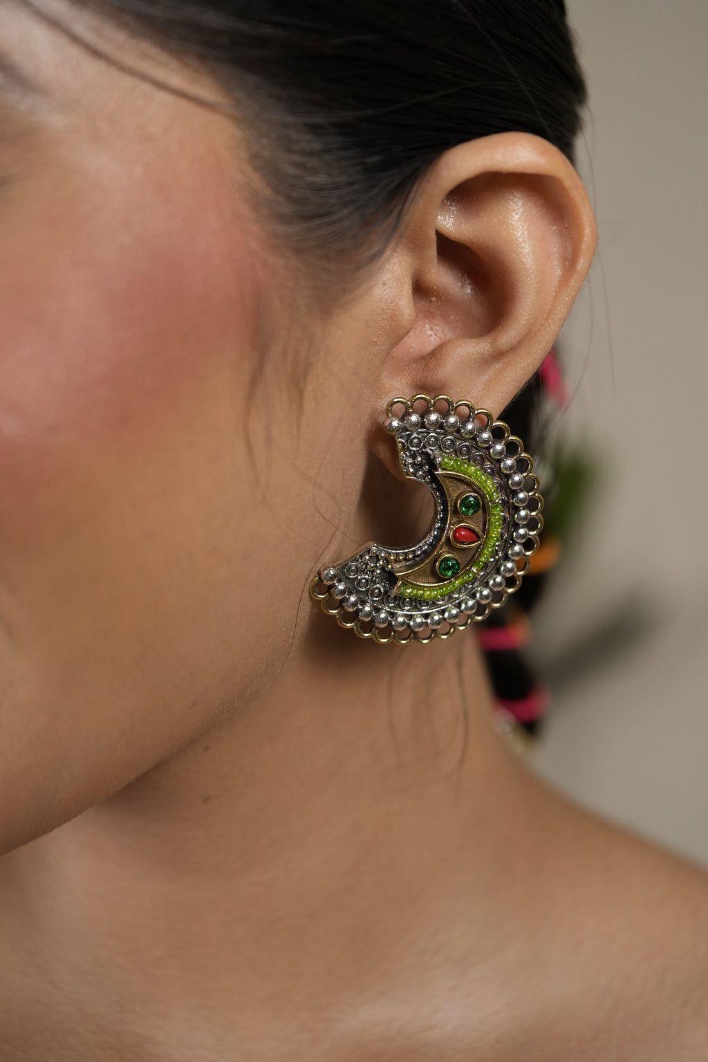 ArdhChandra Oxidised Earrings – Lime Green