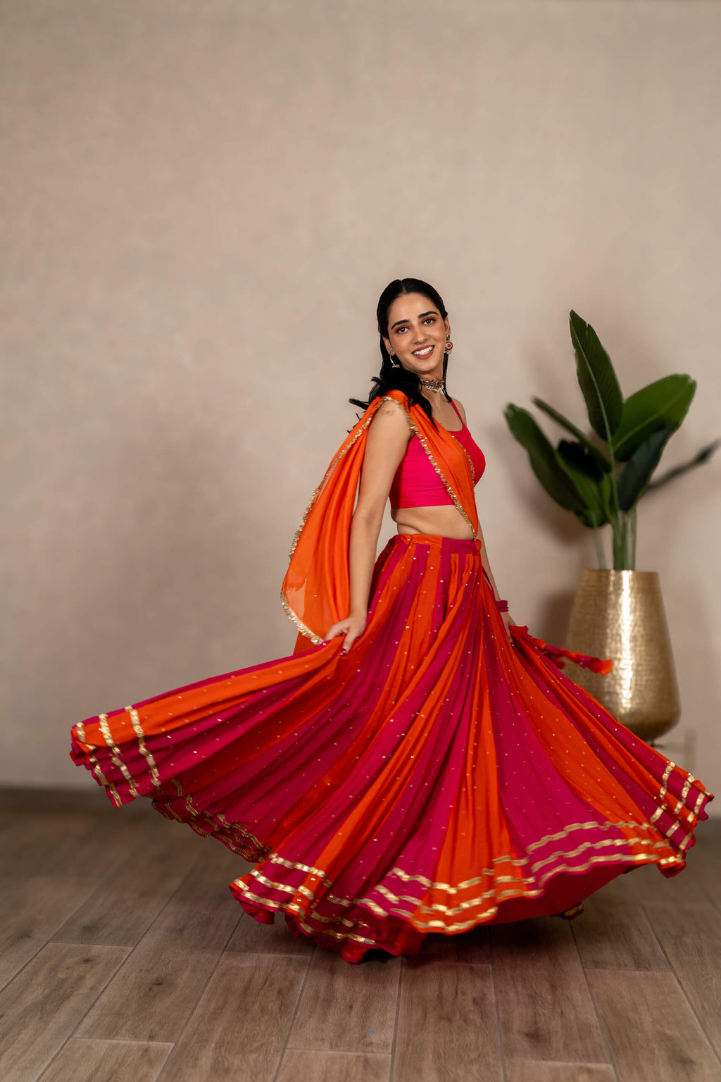 Gulnaar (Orange And Pink) Satrangi Chaniya Set