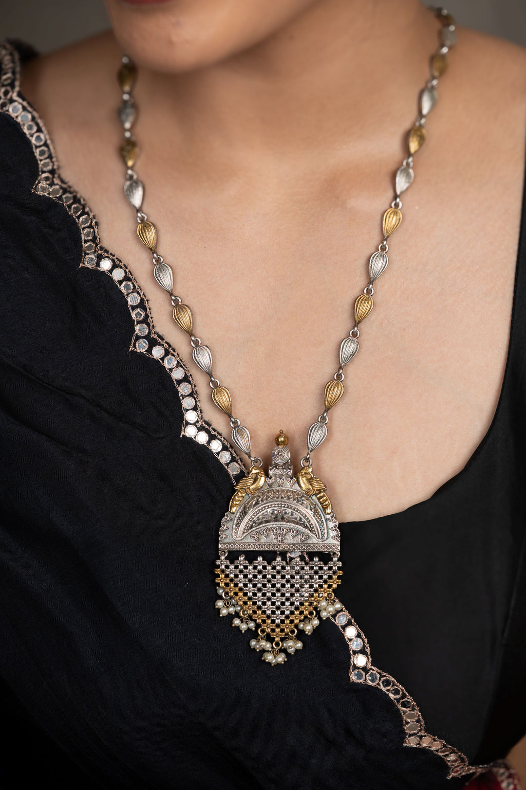 The Chandrika Dual-Tone Beaded Chain & Mesh Pendant Set