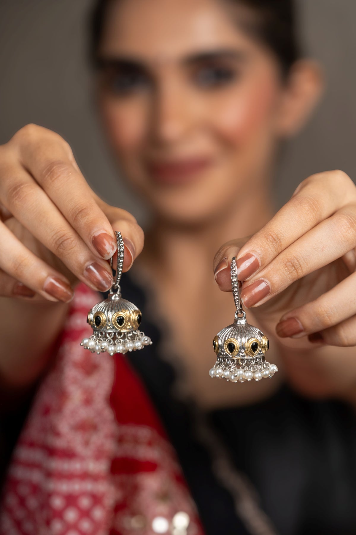 Shwetanjali Dual-Tone Jhumki Earrings - Black